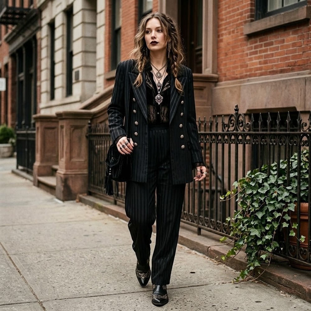 VTG 90s Sears Black Pinstripe Double Breasted Pant Suit 16 Corporate Goth Mob